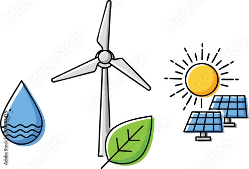 Renewable Energy Sources Wind Solar Hydro Power Green Energy Sustainability Icon Set