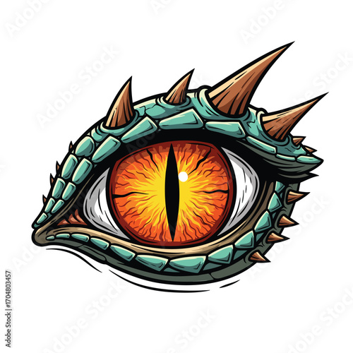 Fierce dragons eye illustration with a fiery orange iris vertical pupil and spiky green scales.