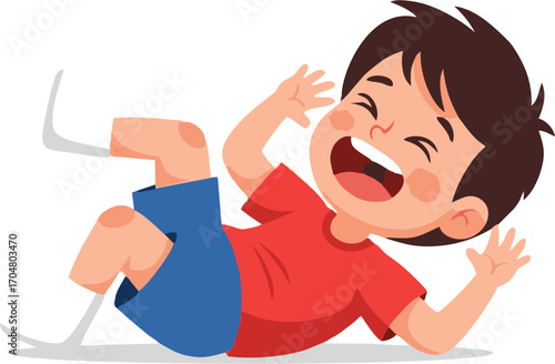 Cartoon Boy Lying Down Laughing with Arms Up Wearing Red Shirt and Blue Shorts