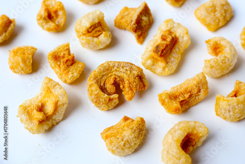 Crispy pork cracklings, a crunchy savory snack.