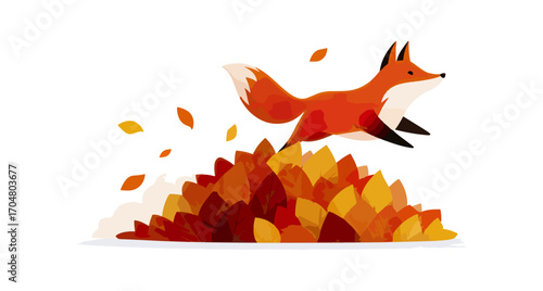 Fox jumping over autumn leaves