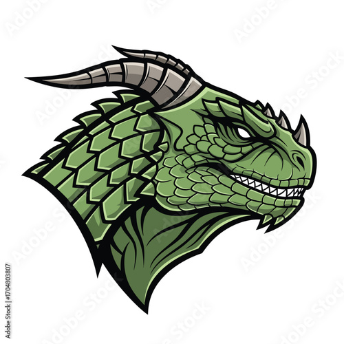 Fierce green dragon head mascot with armored scales and gray horns.