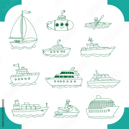 Collection of Various Water Transportation Vessels in Cartoon Style.