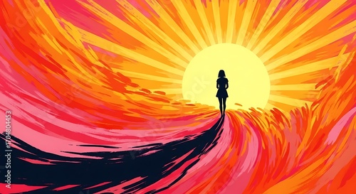 Woman Walking Towards Sunrise Path.