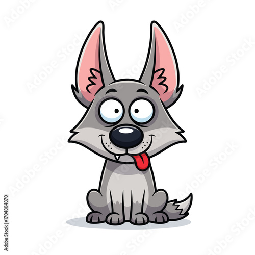 Goofy gray cartoon wolf sitting with wide eyes and tongue sticking out.