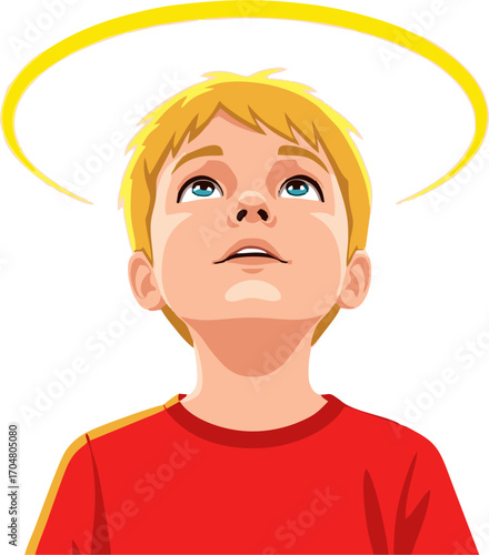 Cartoon Boy with Blond Hair and Blue Eyes Gazing Upward with Halo