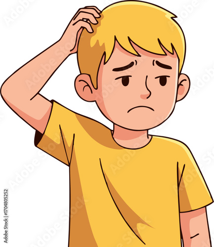 Cartoon Boy with Blond Hair and Yellow Shirt in Thoughtful Pose