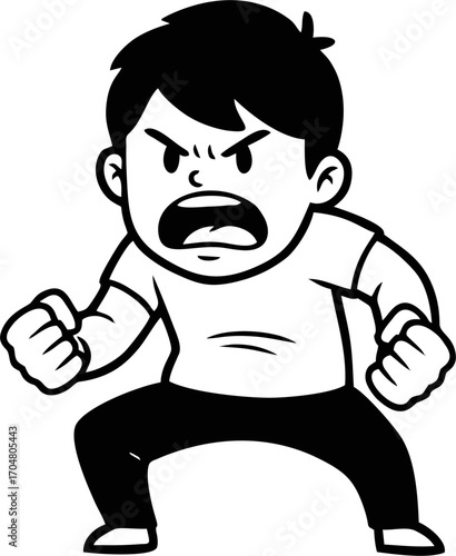 Cartoon Boy with Clenched Fists and Angry Expression, Ready to Fight