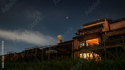 The Kamogawa River's Summer Terrace and Total Lunar Eclipse