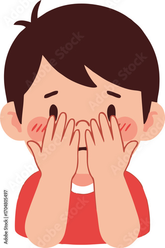 Cartoon Boy with Brown Hair Covering Face with Hands, Red Cheeks