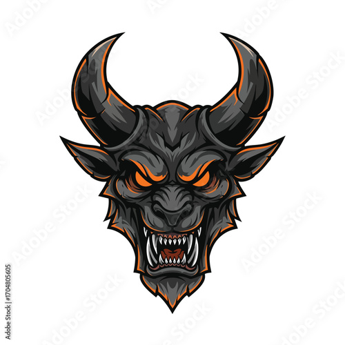 Menacing black demon bull head with glowing orange eyes and sharp fangs.