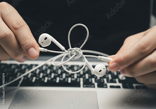 Person Organizing Headphones on Laptop.