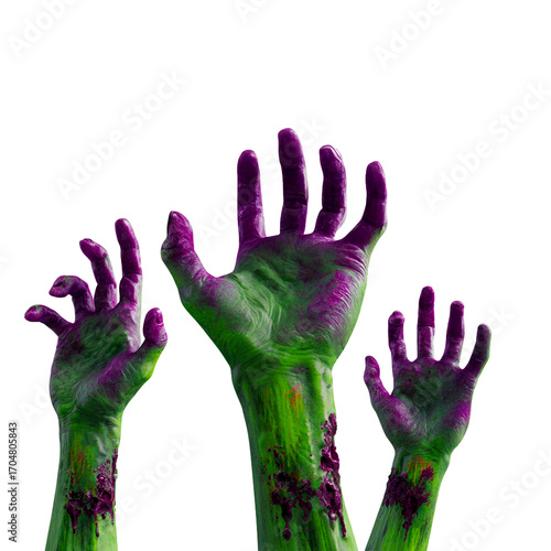 three zombie hands emerging upwards isolated