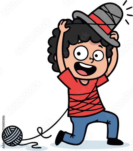 Cartoon Boy with Curly Hair Tries on a Gray Hat with Red Band