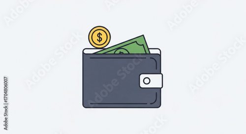 Wallet overflowing with cash and a gold coin, symbolizing financial success and prosperity, ideal for finance blogs, investment guides, and budgeting apps, conveying wealth and savings