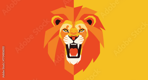 Powerful roaring lion head in a modern geometric style, a vector emblem of courage and strength against a vibrant orange background