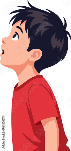 Cartoon Boy with Dark Hair and Red Shirt Looking Upward in Awe