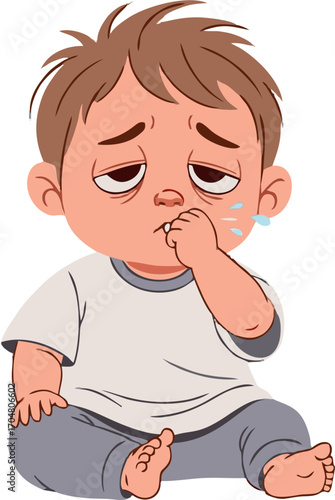 Cartoon Boy with Drooping Eyes and Drool, Sitting with Hand to Mouth