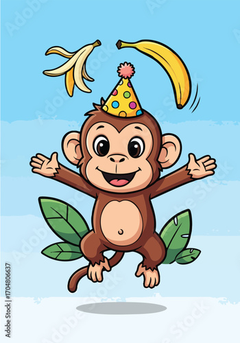 Joyful Jumping Monkey with Banana Party Hat for Birthday Cards Kids Products More