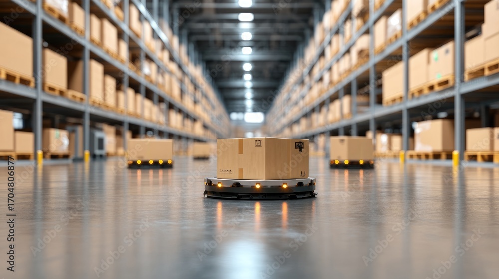 Fototapeta premium A modern automated warehouse scene showcasing robotic carts navigating through a vast storage area filled with neatly stacked cardboard boxes in a well-lit environment.