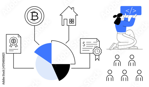 Pie chart linking cryptocurrency, real estate, certifications, and coding. Developer working with coding screen. Ideal for blockchain, finance, education, skills training technology data simple