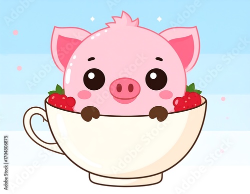 Cute pig in a teacup with strawberries