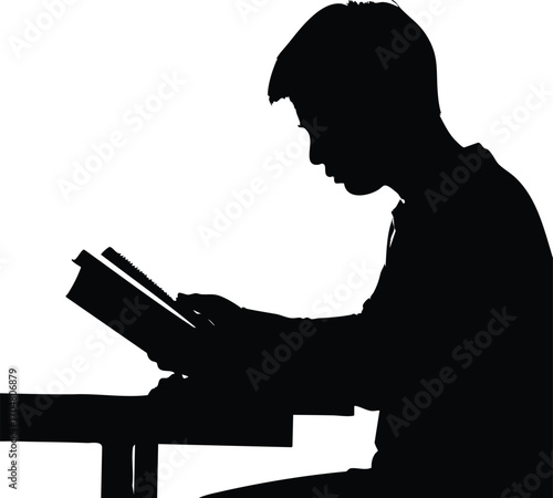 Silhouette of a focused student engrossed in reading a book at a desk, , capturing a moment of quiet concentration and academic pursuit