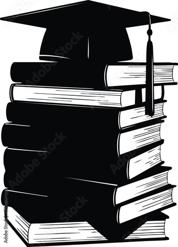 A graduation cap sits atop a stack of books, symbolizing academic achievement and the culmination of hard work, it represents knowledge, learning, and success