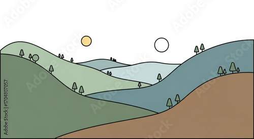 Scenic rolling hills landscape with trees under the sun and moon, evokes tranquility and peace, perfect for nature lovers and outdoor enthusiasts, created as scalable vector art, idyllic scene
