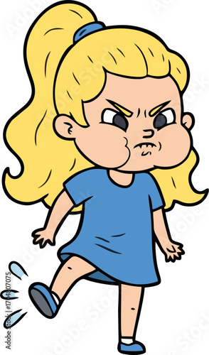 Cartoon Girl Kicking with Angry Expression and Puffed Cheeks