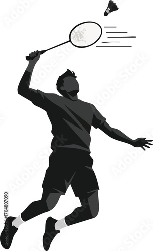 Silhouette of a badminton player jumping to hit the shuttlecock