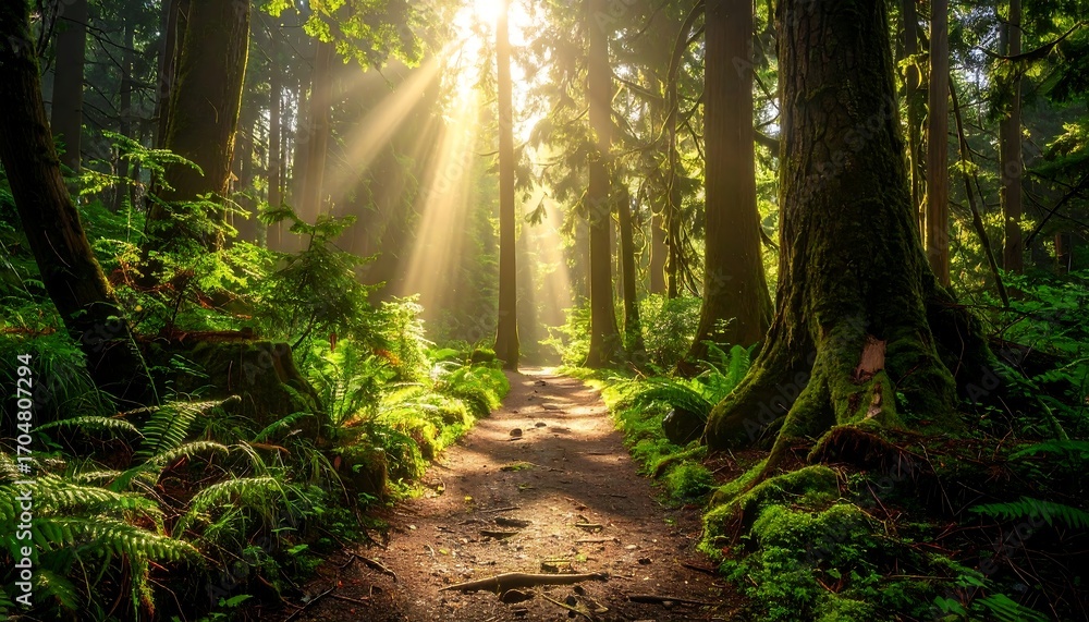 Naklejka premium Sunbeams Illuminate Forest Path Lush Greenery.