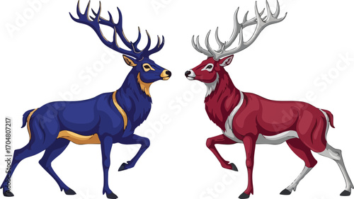 Two majestic stags facing each other blue and red heraldic design wildlife nature animals logo emblem