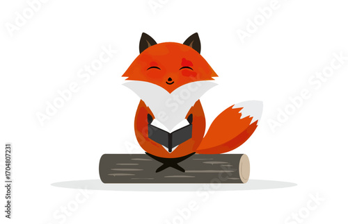 Cute fox reading a book on a log
