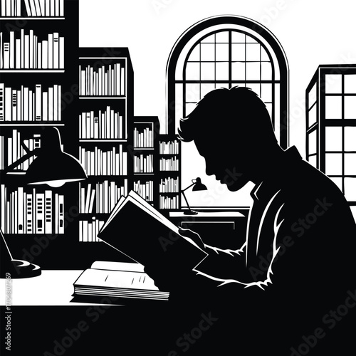 A silhouette of a student engrossed in reading within a library, surrounded by towering bookshelves and illuminated by a desk lamp, creating an atmosphere of quiet study and learning