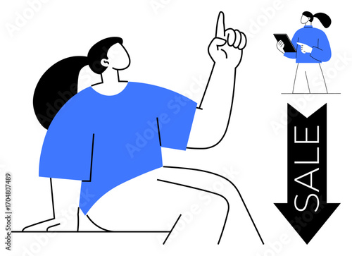 Person gesturing upward next to a downward arrow labeled Sale, paired with a character consulting a tablet. Ideal for promotion, retail, advertisement, e-commerce, discount, shopping, simple landing