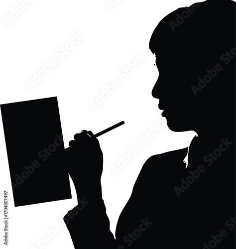 Silhouette of a person holding a notepad and pen, the figure is dark against the bright backdrop, creating a stark contrast and highlighting the act of writing