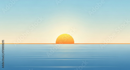 Serene sunrise over calm ocean waters, a peaceful seascape with warm golden light reflecting on the horizon bringing a sense of tranquility and inspires wanderlust for travel and escape