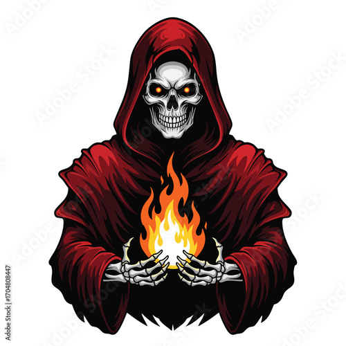 Sinister Grim Reaper in a red hooded cloak holding a magical fireball.