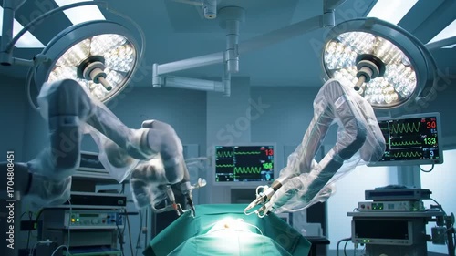 Advanced robotic arms performing a precise surgical procedure in a sterile, futuristic operating theater