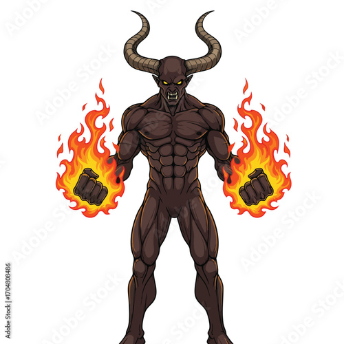 Powerful muscular demon character with large horns and fists engulfed in bright orange flames.