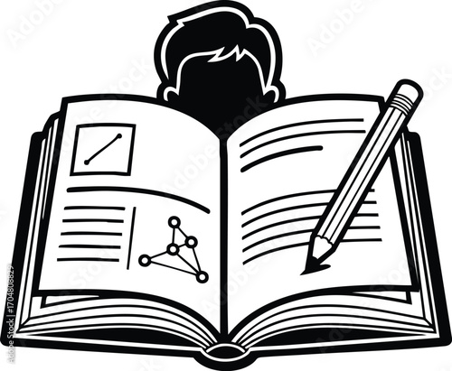 A student diligently studies from an open book, a pencil poised to take notes, the simple black and white design emphasizing the focus on learning