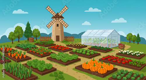 Colorful vegetable garden illustration with windmill, greenhouse, and blue sky