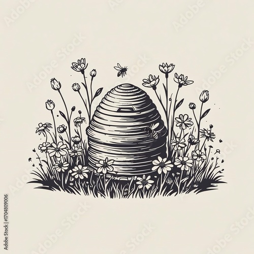 Charming traditional beehive surrounded by a vibrant field of wildflowers and busy bees