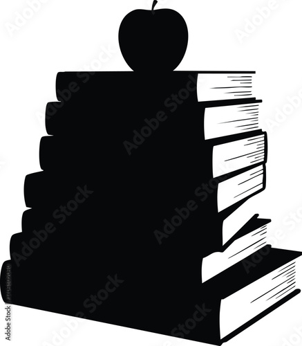A monochrome illustration of a stack of books with an apple on top, symbolizing knowledge, learning, and education