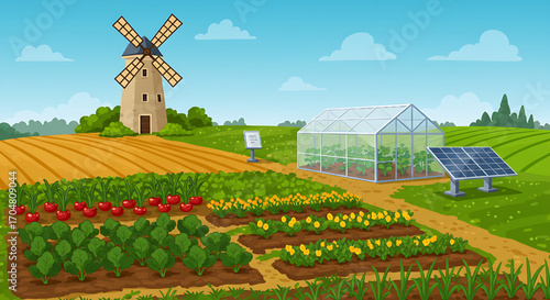 Sustainable agriculture farm with windmill, greenhouse, solar panels and crops