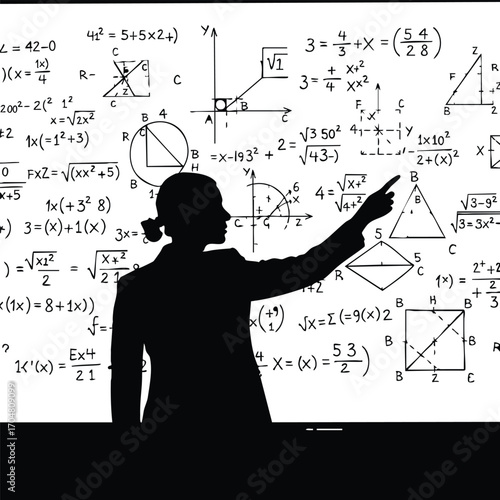 A silhouette of a teacher pointing at mathematical equations on a whiteboard, the equations include algebra, geometry, and calculus