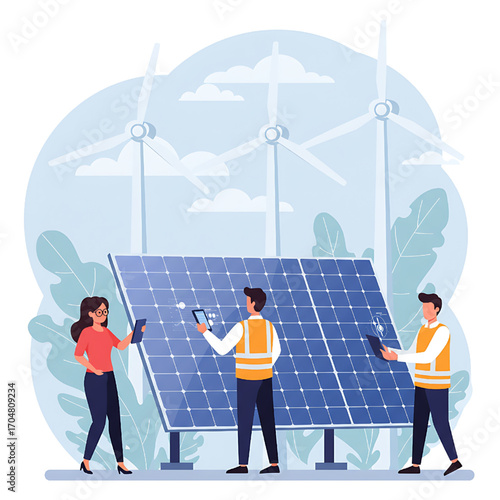 Engineers Inspecting Solar Panels and Wind Turbines for Renewable Energy Production