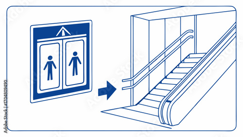 Blue Line Art Depicting Elevator and Escalator for Public Transportation