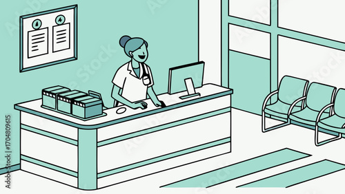 Cheerful Medical Receptionist at Hospital Desk Smiling and Working